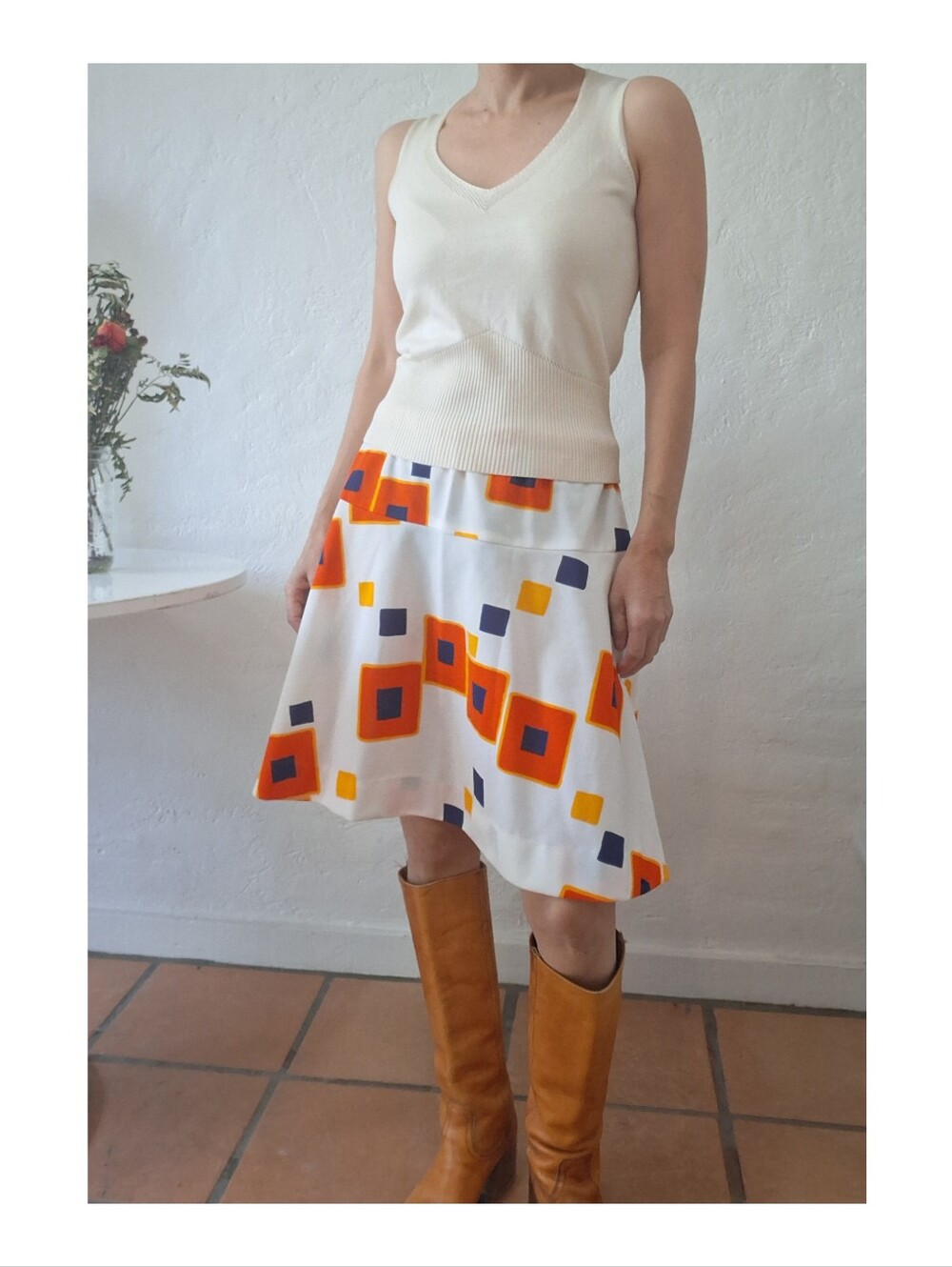 VTG 60s Mod Geometric Print Skirt White Orange Blue Square Abstract A-Line